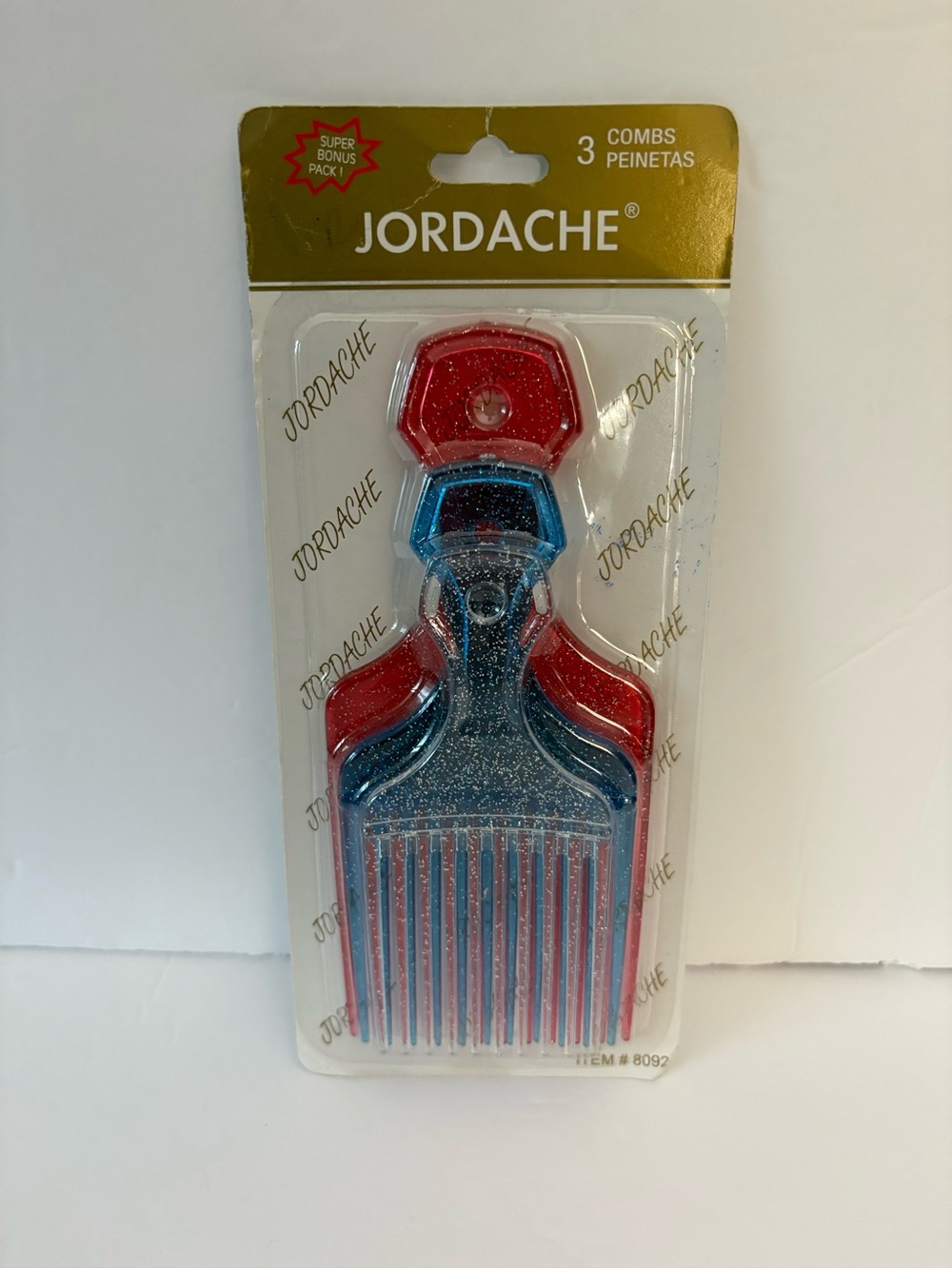 Vintage Jordache Red, Clear,Blue Glitter Set of 3 Hair Combs Hair Lift Picks